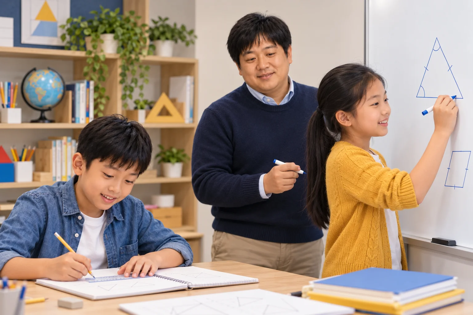 Anson Sir 指導一位學生在白板畫幾何圖，另一位學生在座位練習的學習情境示意