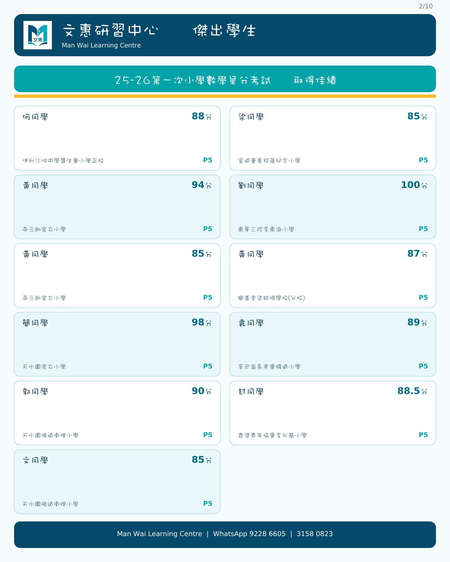 學生高分佳績,包括100分及98分