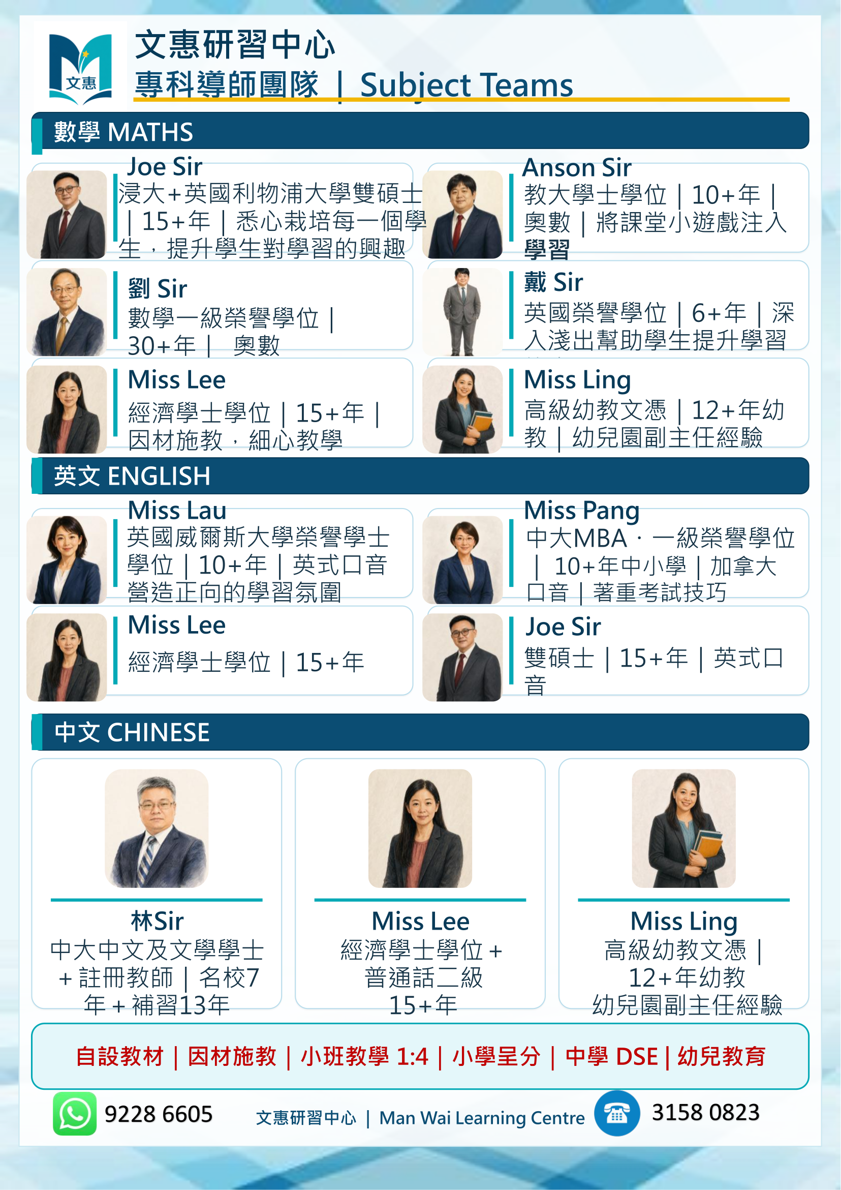 文惠研習中心最新數學、英文及中文導師團隊,九位導師全數展示
